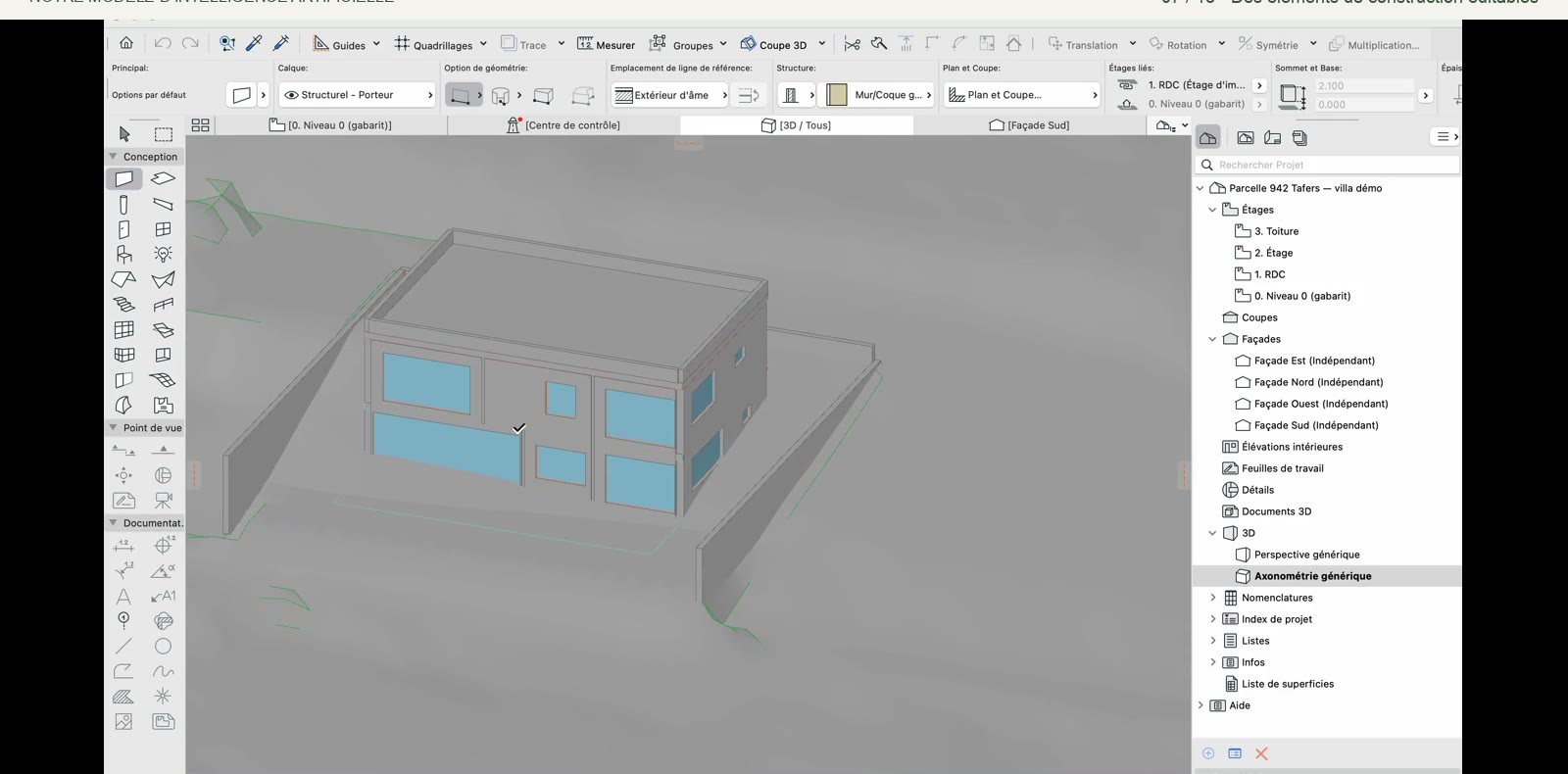 The generated house on its terrain in Archicad, with walls and windows as selectable elements