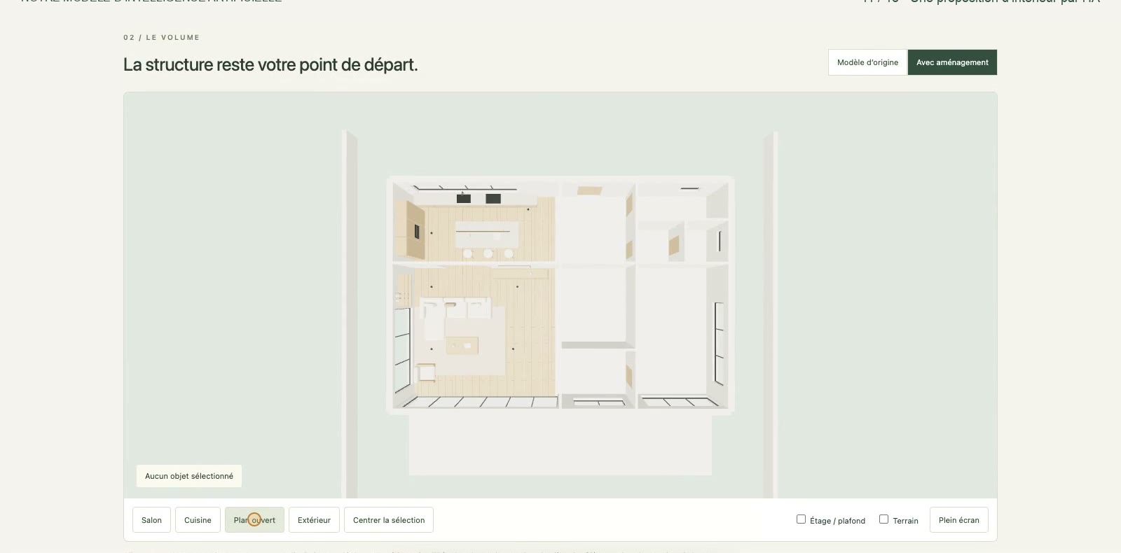 Interior module: the generated house seen from above with a furnished living room and kitchen