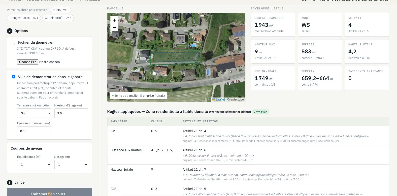 Screen with an aerial map of the parcel, key figures such as area and maximum height, and a table of the applied rules with article numbers and quotes