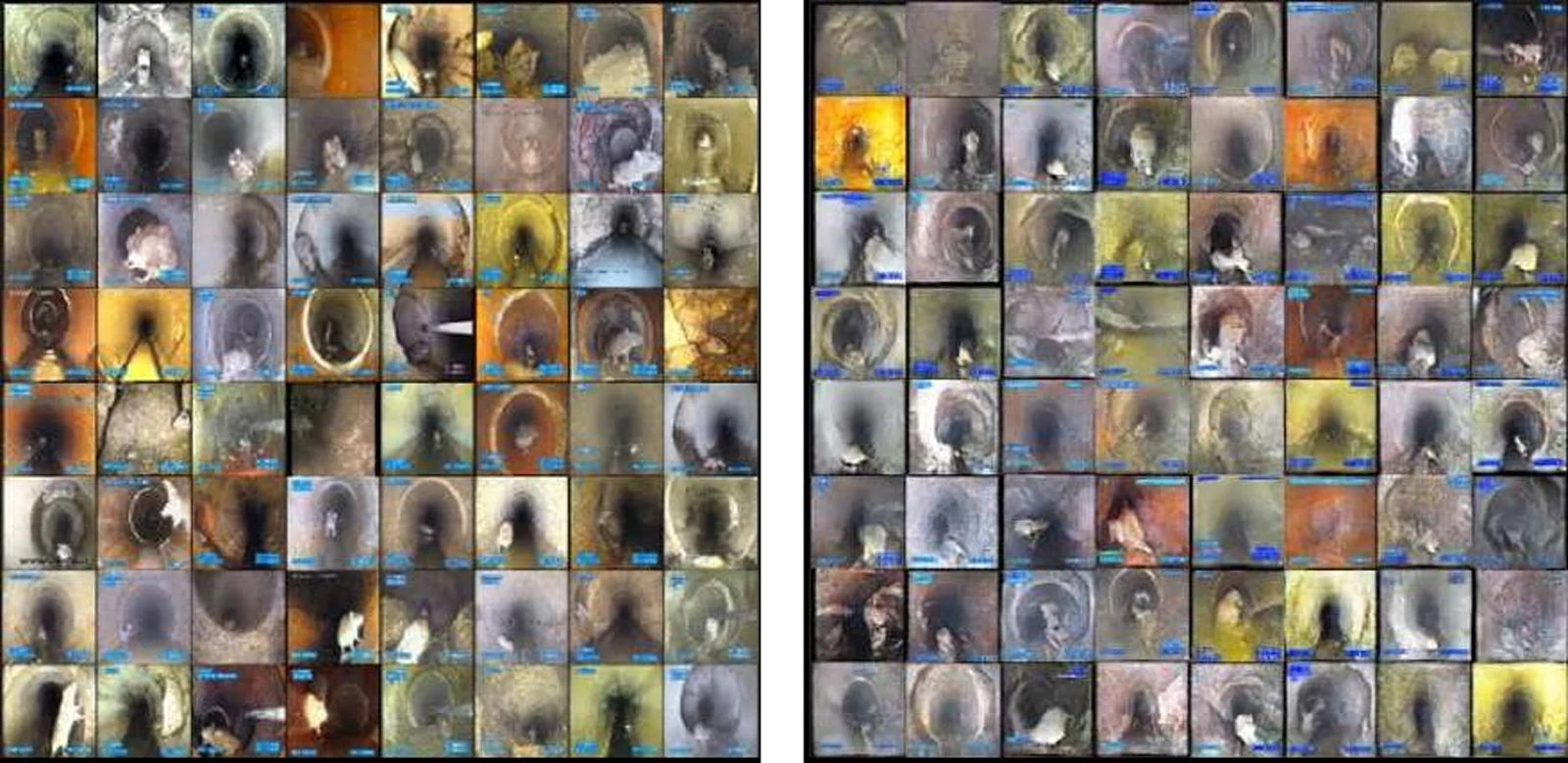 Two grids of small sewer images side by side, real on the left and GAN-generated on the right, hard to tell apart at a glance